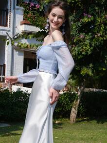 Áo sơ mi nữ viền lá sen Dải chun Thắt nơ trước màu trơn Thanh lịch - Màu xanh nhạt - Xem 7