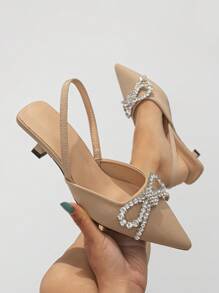 Women's Rhinestone Bow Decor Pointed Toe Slingback Low Heel Shoes, Elegant & Comfortable Kitten Heels, Suitable For Formal Parties, Weddings, Galas In Autumn/Winter, Apricot Color - Apricot - View 2