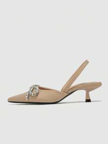 Women's Rhinestone Bow Decor Pointed Toe Slingback Low Heel Shoes, Elegant & Comfortable Kitten Heels, Suitable For Formal Parties, Weddings, Galas In Autumn/Winter, Apricot Color - Apricot - View 4