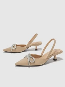 Women's Rhinestone Bow Decor Pointed Toe Slingback Low Heel Shoes, Elegant & Comfortable Kitten Heels, Suitable For Formal Parties, Weddings, Galas In Autumn/Winter, Apricot Color - Apricot - View 5