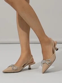 Women's Rhinestone Bow Decor Pointed Toe Slingback Low Heel Shoes, Elegant & Comfortable Kitten Heels, Suitable For Formal Parties, Weddings, Galas In Autumn/Winter, Apricot Color - Apricot - View 6