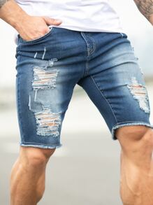 Manfinity LEGND Heren denim shorts met gescheurde ruwe afwerking Jorts effen marineblauw feest Basic