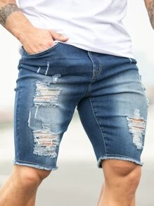 Manfinity LEGND Heren denim shorts met gescheurde ruwe afwerking Jorts effen marineblauw feest Basic