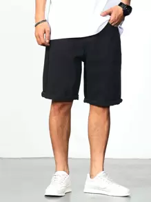 Manfinity Men Solid Bermuda Denim Shorts - Black - View 1