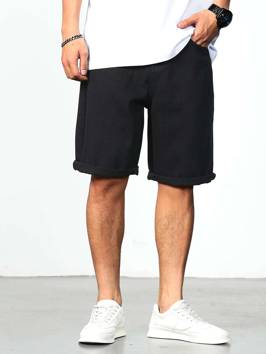 Manfinity Men Solid Bermuda Denim Shorts - Black - View 1