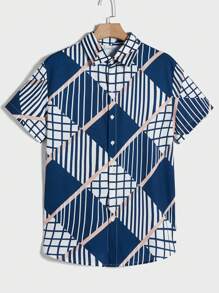 Manfinity Men Striped & Plaid Print Shirt - Blue and White - View 1