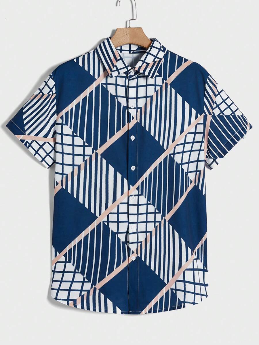 Manfinity Men Striped & Plaid Print Shirt - Blue and White - View 1
