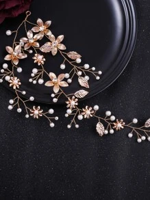 1pc Women Faux Pearl & Flower Decor Romantic Bridal Hair Band For Wedding Elegant Valentine's Day Valentines - Gold - View 3