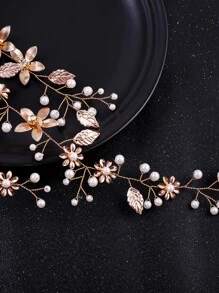 1pc Women Faux Pearl & Flower Decor Romantic Bridal Hair Band For Wedding Elegant Valentine's Day Valentines - Gold - View 4
