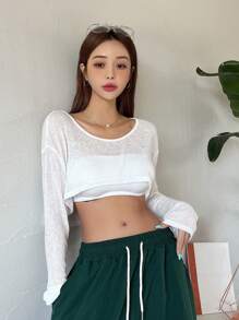 DAZY 素色落肩袖短款T恤不附吊帶上衣 - 白色 - 查看 7