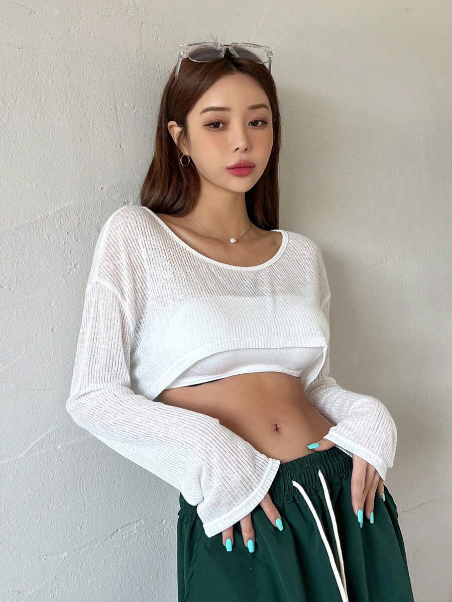 DAZY 素色落肩袖短款T恤不附吊帶上衣 - 白色 - 查看 1