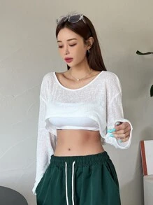 DAZY 素色落肩袖短款T恤不附吊帶上衣 - 白色 - 查看 8