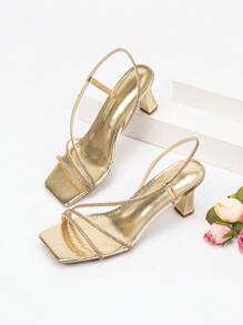 Phụ Nữ Da Rắn Dập Nổi Rhinestone Trang Trí Xăng Đan Gót Slingback, Xăng Đan Gót Ngoài Trời Quyến Rũ - Vàng - Xem 1
