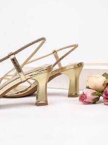 Phụ Nữ Da Rắn Dập Nổi Rhinestone Trang Trí Xăng Đan Gót Slingback, Xăng Đan Gót Ngoài Trời Quyến Rũ - Vàng - Xem 3