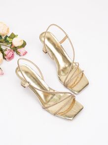 Phụ Nữ Da Rắn Dập Nổi Rhinestone Trang Trí Xăng Đan Gót Slingback, Xăng Đan Gót Ngoài Trời Quyến Rũ - Vàng - Xem 5