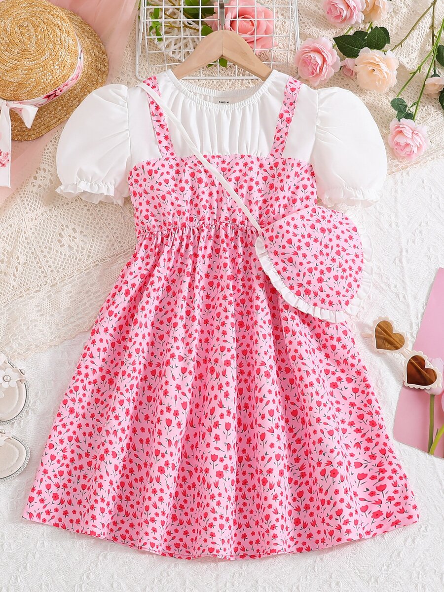 Girls Ditsy Floral Print Puff Sleeve 2 In 1 Dress With Accessory Bag - Baby Pink - View 1