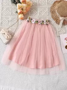 SHEIN Váy Gái Đề can Tương phản Mesh Hoa Dễ thương - Hồng - Xem 1