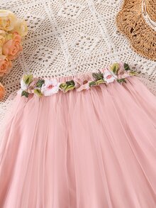 SHEIN Váy Gái Đề can Tương phản Mesh Hoa Dễ thương - Hồng - Xem 4