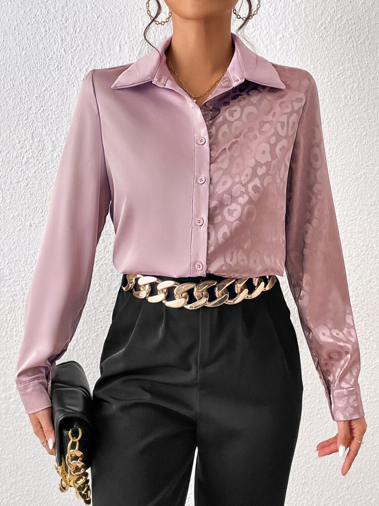 SHEIN Privé כפתורים קדמיים פשוט אלגנטי חולצות לנשים - ורוד עתיק - ראה 3