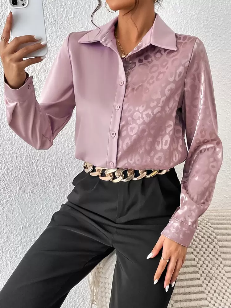 SHEIN Privé כפתורים קדמיים פשוט אלגנטי חולצות לנשים - ורוד עתיק - ראה 5