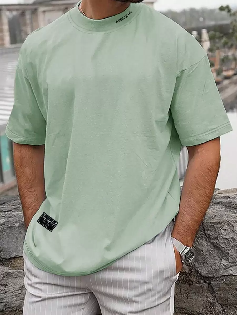 Manfinity Homme Áo thun cổ tròn in chữ cho nam, Áo thun nam, Áo thun xanh lá cây cho nam - Màu xanh Bạc hà - Xem 1