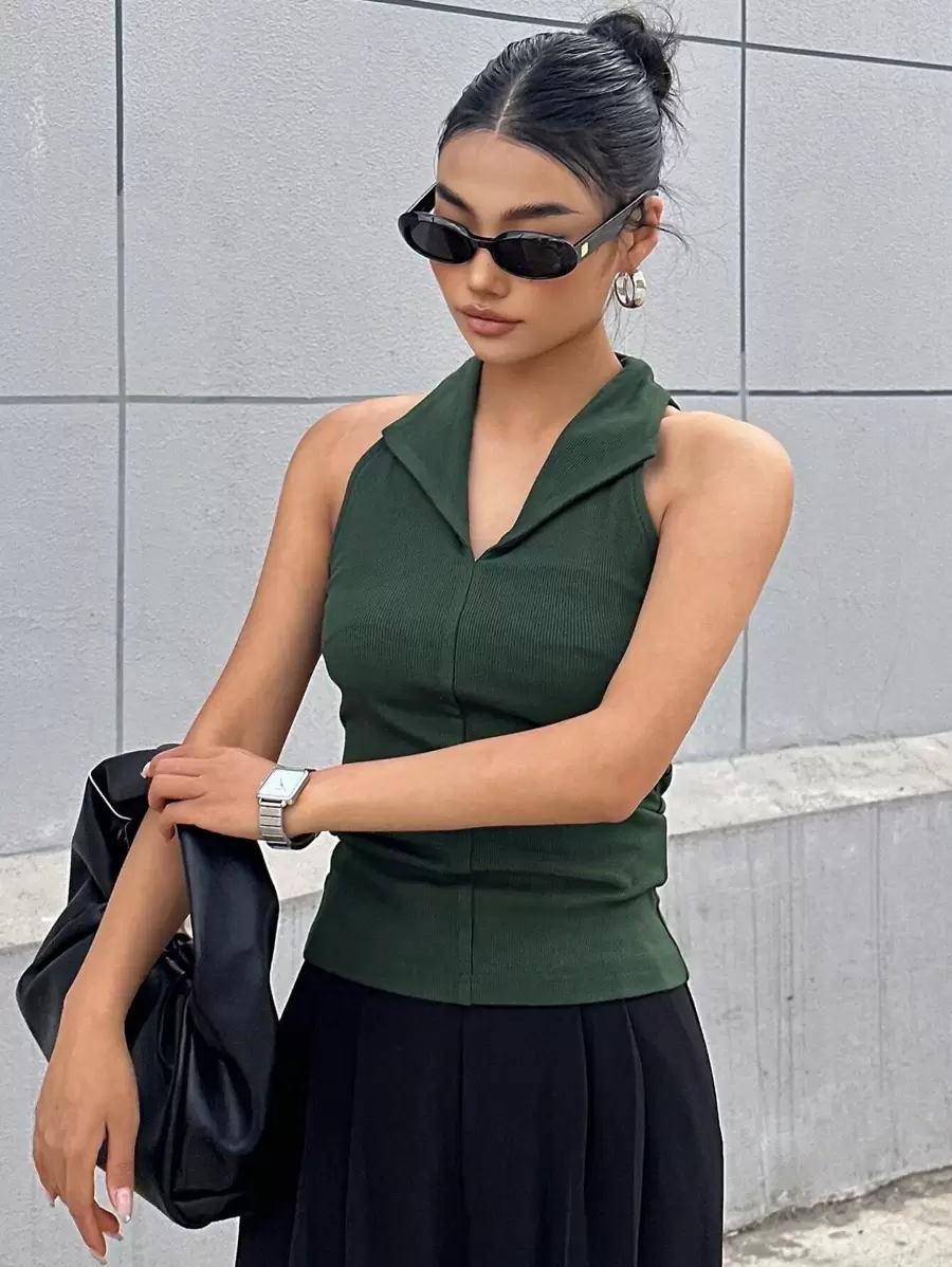 DAZY Camisetas de tirante halter unicolor - Verde Oscuro - Ver 1