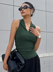 DAZY Camisetas de tirante halter unicolor - Verde Oscuro - Ver 3