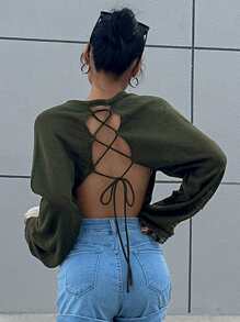 DAZY 系带露背插肩袖短款毛衣，秋季女装 - 墨綠色 - 查看 1