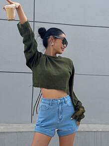 DAZY 系带露背插肩袖短款毛衣，秋季女装 - 墨綠色 - 查看 4