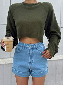 DAZY 系带露背插肩袖短款毛衣，秋季女装 - 墨綠色 - 查看 7