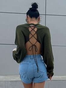 DAZY 系带露背插肩袖短款毛衣，秋季女装 - 墨綠色 - 查看 8