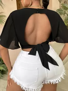 Slaydiva 大碼後背繫帶蝴蝶袖短款雪紡襯衫