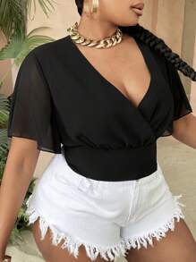 Slaydiva 大碼後背繫帶蝴蝶袖短款雪紡襯衫