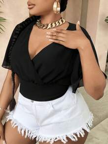 Slaydiva 大碼後背繫帶蝴蝶袖短款雪紡襯衫