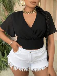 Slaydiva 大碼後背繫帶蝴蝶袖短款雪紡襯衫