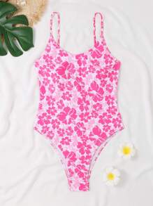 Swim Mod Summer Beach Floral Print One Piece Swimsuit - Pink - View 7