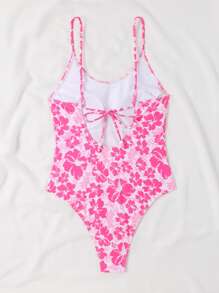 Swim Mod Summer Beach Floral Print One Piece Swimsuit - Pink - View 8