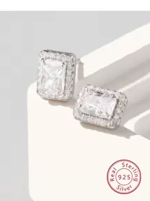 方晶鋯石幾何銀耳釘 - 白色 - 查看 1