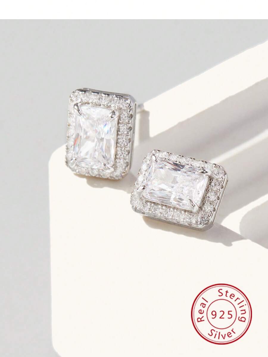 方晶鋯石幾何銀耳釘 - 白色 - 查看 1