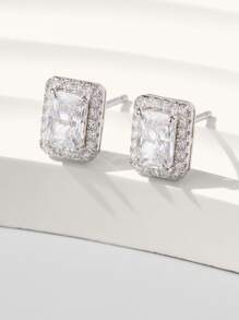 方晶鋯石幾何銀耳釘 - 白色 - 查看 2