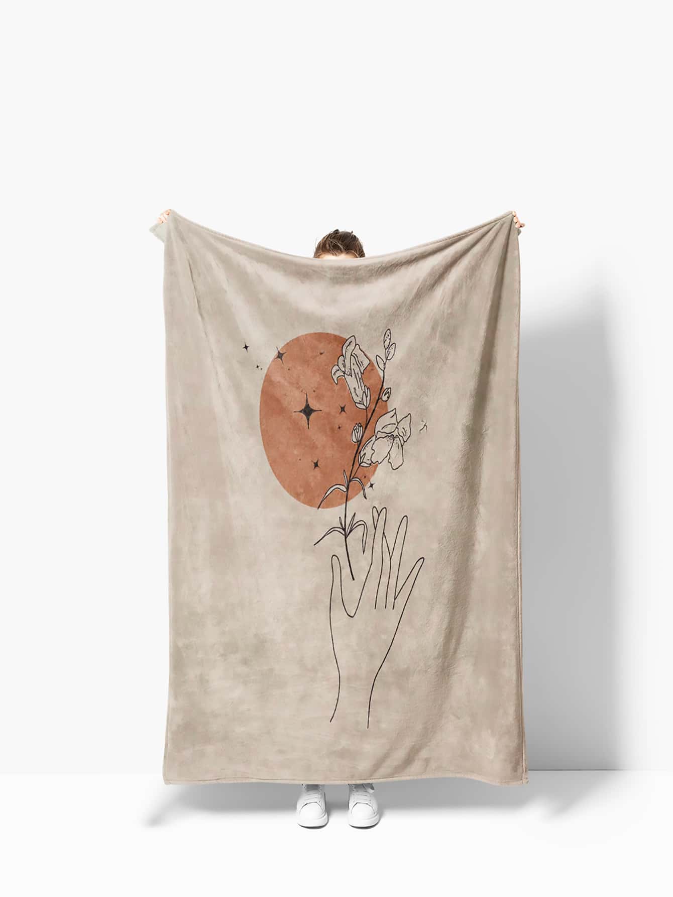 1pc Floral & Hand Pattern Blanket, Modern Line Hand Print Knitted Fabric Blanket For Bed - Multicolor - View 1