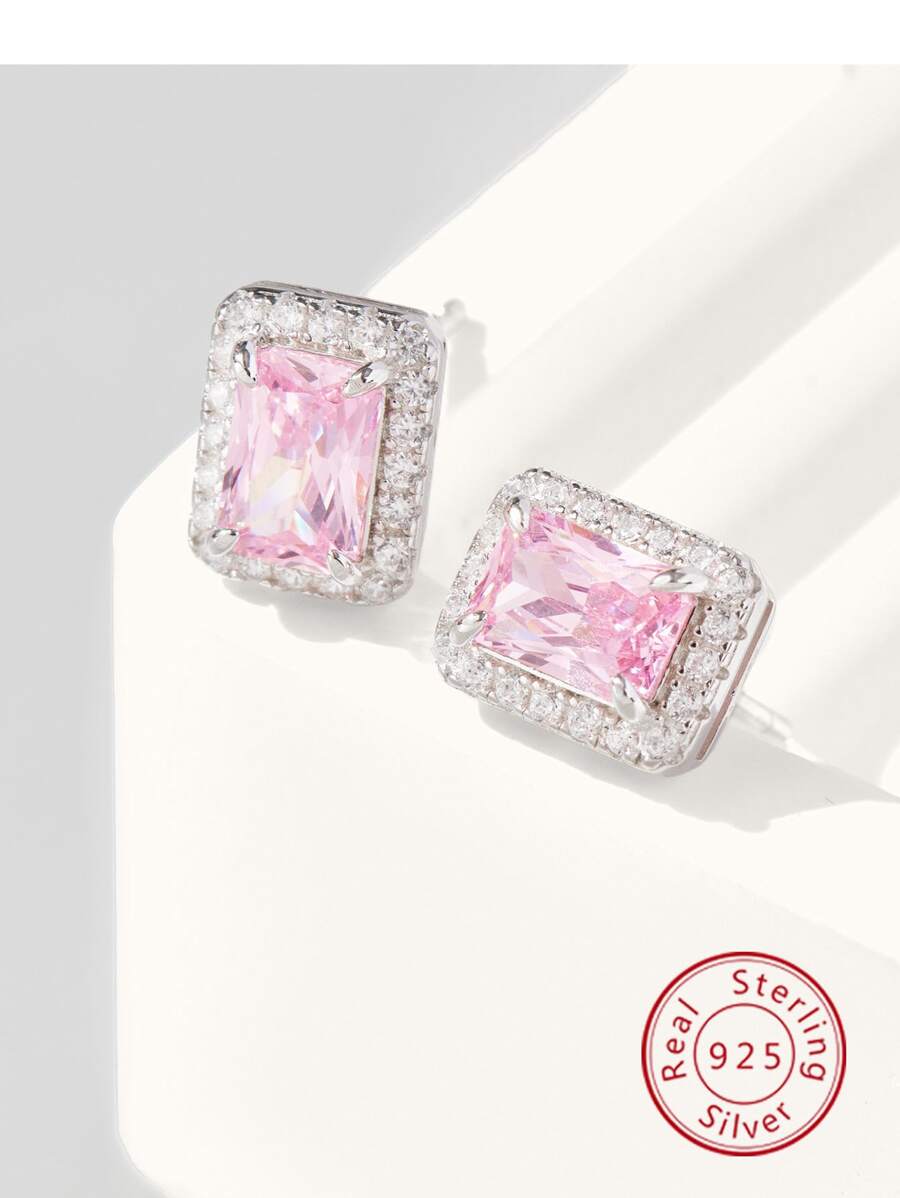 Cubic Zirconia Geometric Silver Stud Earrings - Pink - View 1