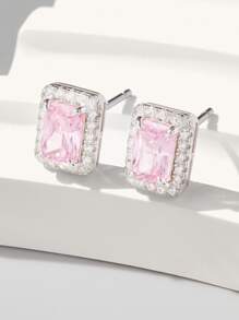 Cubic Zirconia Geometric Silver Stud Earrings - Pink - View 2