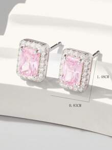 Cubic Zirconia Geometric Silver Stud Earrings - Pink - View 3