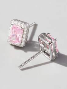 Cubic Zirconia Geometric Silver Stud Earrings - Pink - View 4