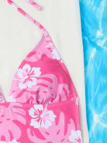 Swim Mod Summer Beach Floral Print Halter Tie Side Bikini - Pink - View 5