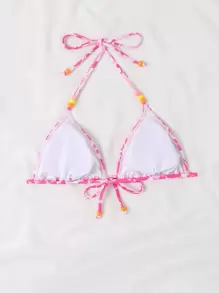 Swim Mod Summer Beach Floral Print Halter Triangle Bikini Top - Pink - View 2