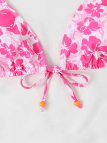 Swim Mod Summer Beach Floral Print Halter Triangle Bikini Top - Pink - View 4