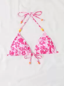 Swim Mod Summer Beach Floral Print Halter Triangle Bikini Top - Pink - View 6