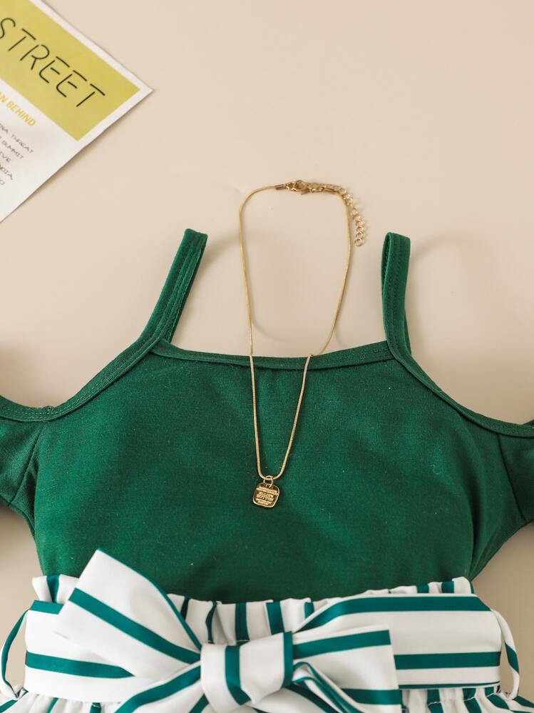 Young Girl Cold Shoulder Tee & Striped Paperbag Waist Shorts - Multicolor - View 3